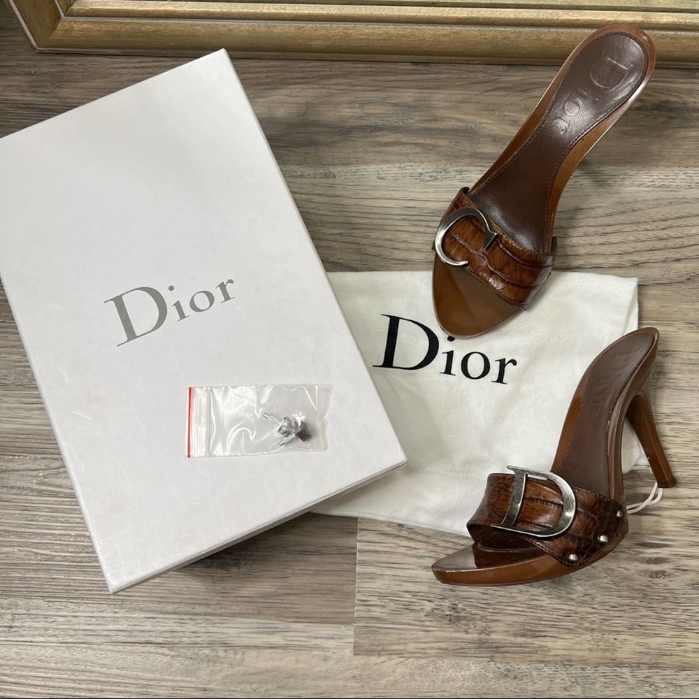 Dior Vintage Brown Foncé Clogs Heels Shoes CD Logo 10cm sz 39